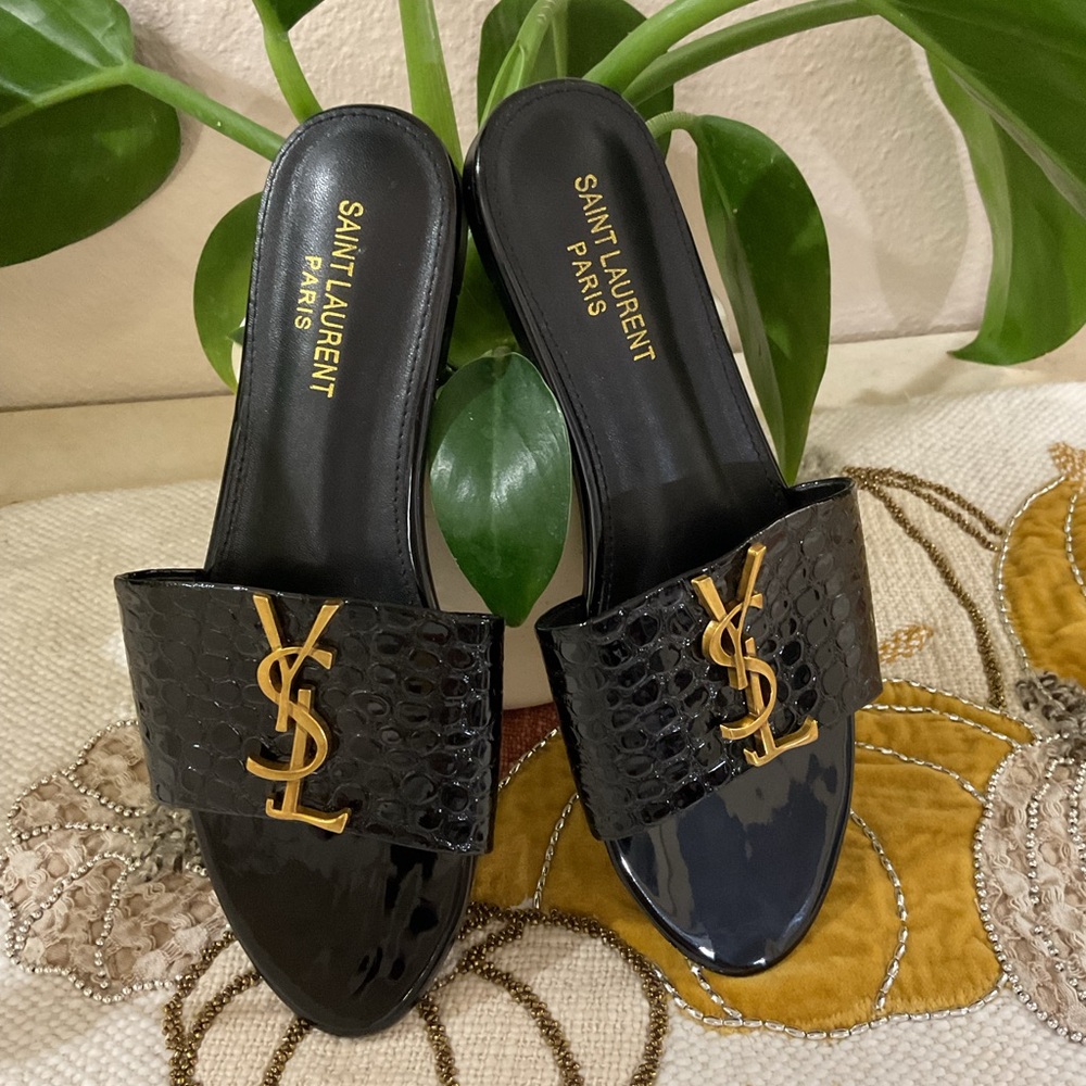 Saint Laurent Black and Gold Slide Sandals